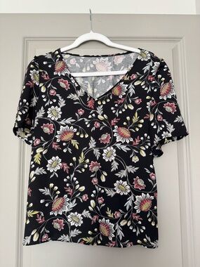 LOFT Black V-Neck Floral Blouse with Pink & Yellow Flowers